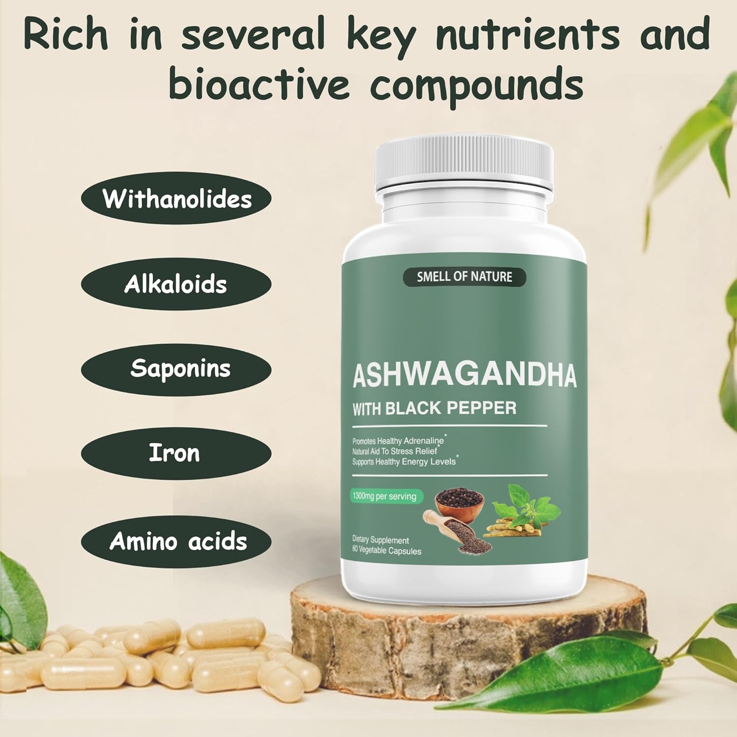 Organic Ashwagandha Supplements with Black Pepper Extract - 1300mg Pure Ashwagandha - Energy Support - 60 Capsules - Non-GMO, Gluten-Free, Vegan