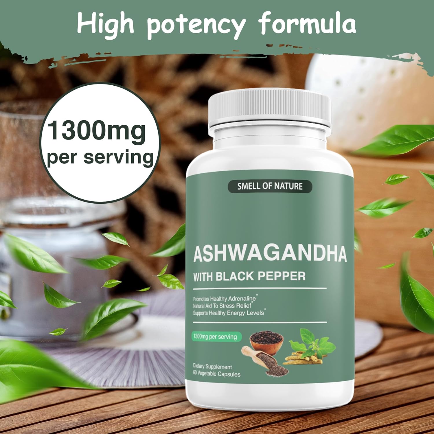 Organic Ashwagandha Supplements with Black Pepper Extract - 1300mg Pure Ashwagandha - Energy Support - 60 Capsules - Non-GMO, Gluten-Free, Vegan