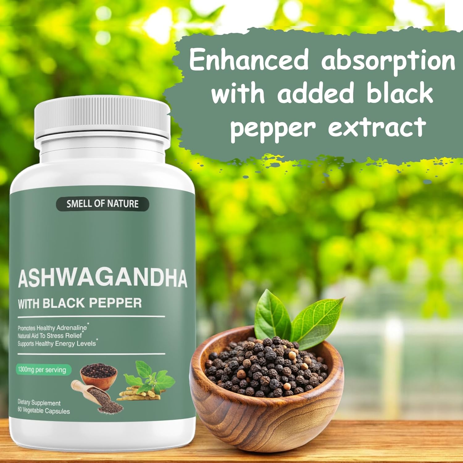 Organic Ashwagandha Supplements with Black Pepper Extract - 1300mg Pure Ashwagandha - Energy Support - 60 Capsules - Non-GMO, Gluten-Free, Vegan