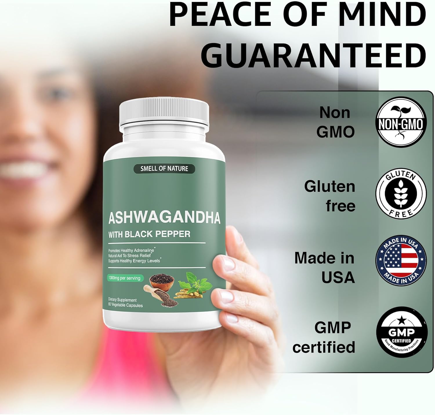 Organic Ashwagandha Supplements with Black Pepper Extract - 1300mg Pure Ashwagandha - Energy Support - 60 Capsules - Non-GMO, Gluten-Free, Vegan