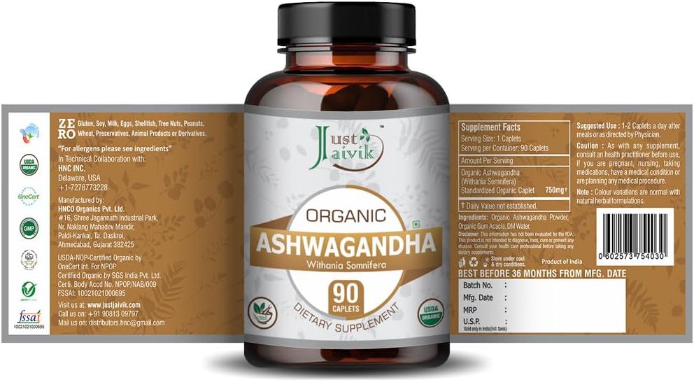 Organic Ashwagandha Tablets - 750mg (90 Tablets) for General Wellness | Ayurvedic Adaptogen Supplement by Just Jaivik