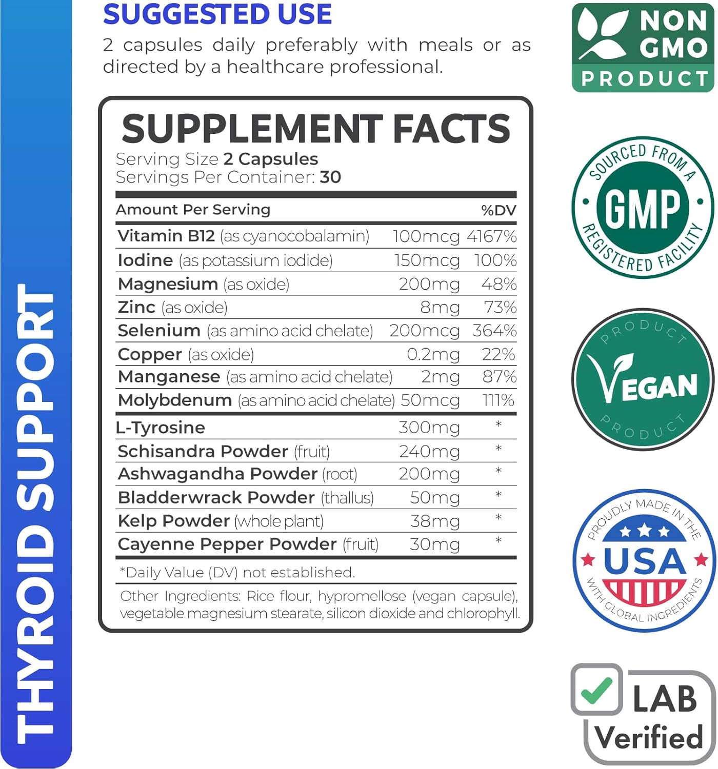 Organic Ashwagandha & Thyroid Support Pack - Balance Adrenal & Cortisol Levels - Daily Energy for Men & Women - 2-Month Supply