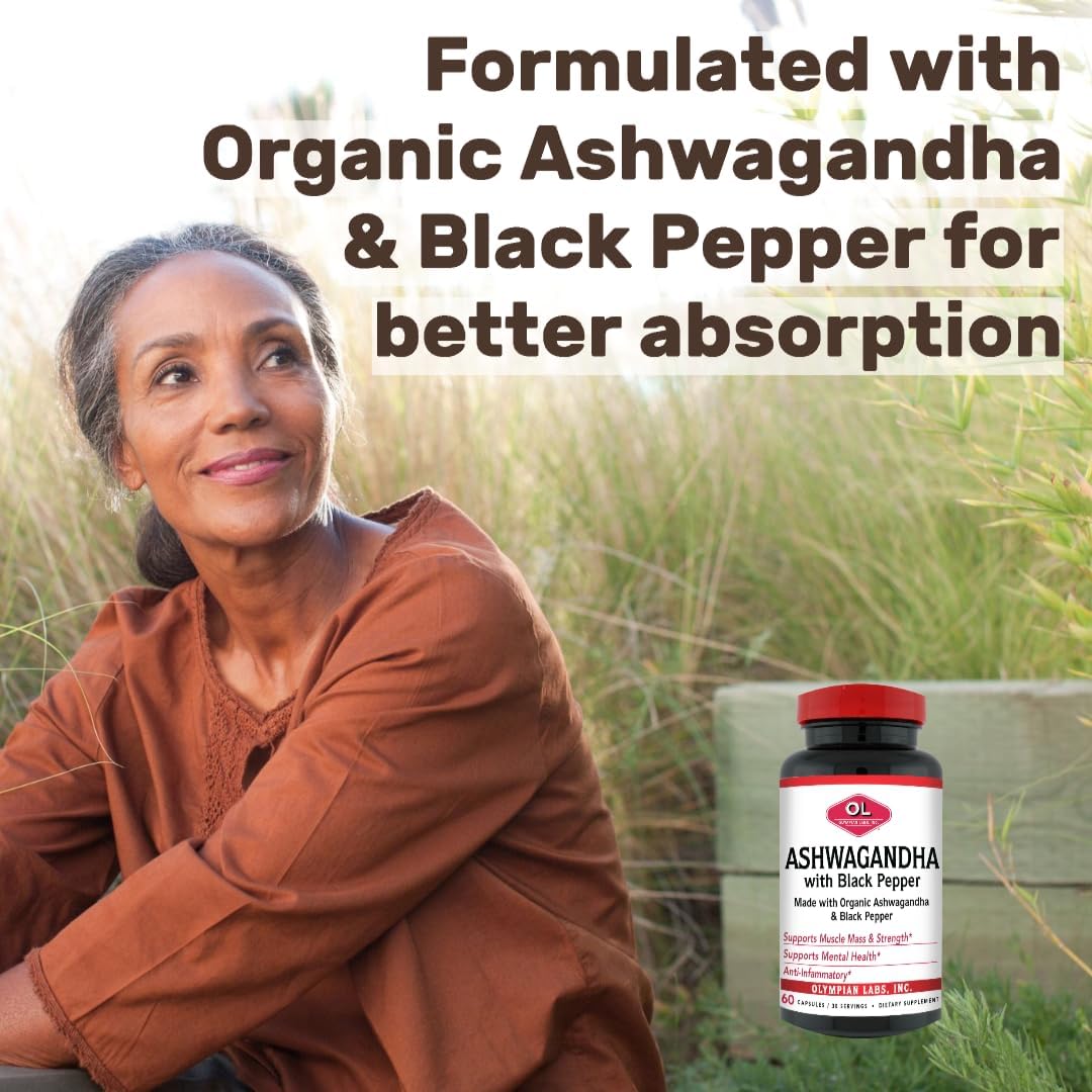 Organic Ashwagandha with Black Pepper for Brain, Muscle, and Strength - 60 Vegan Capsules (1300mg) by Olympian Labs