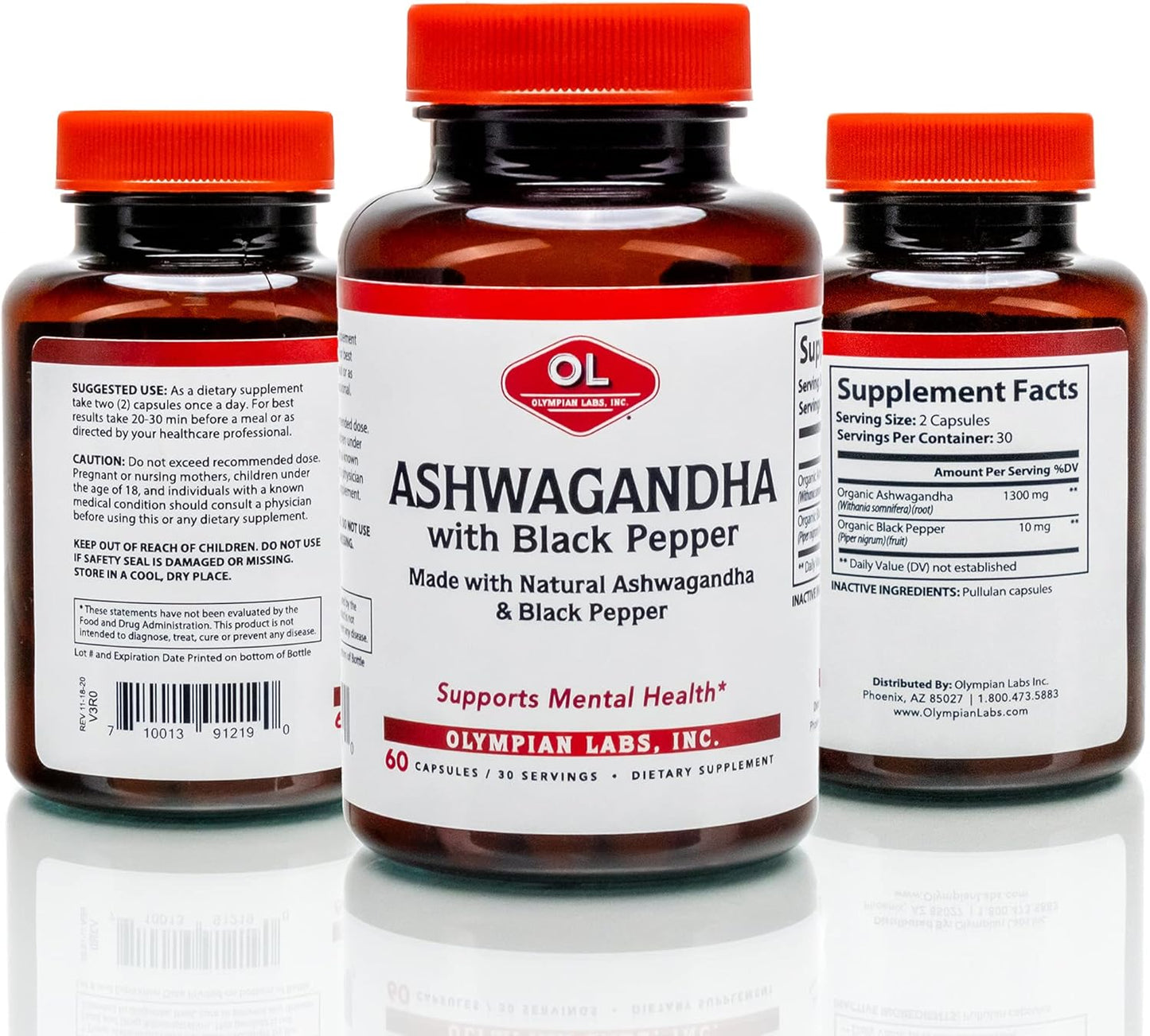 Organic Ashwagandha with Black Pepper for Brain, Muscle, and Strength - 60 Vegan Capsules (1300mg) by Olympian Labs