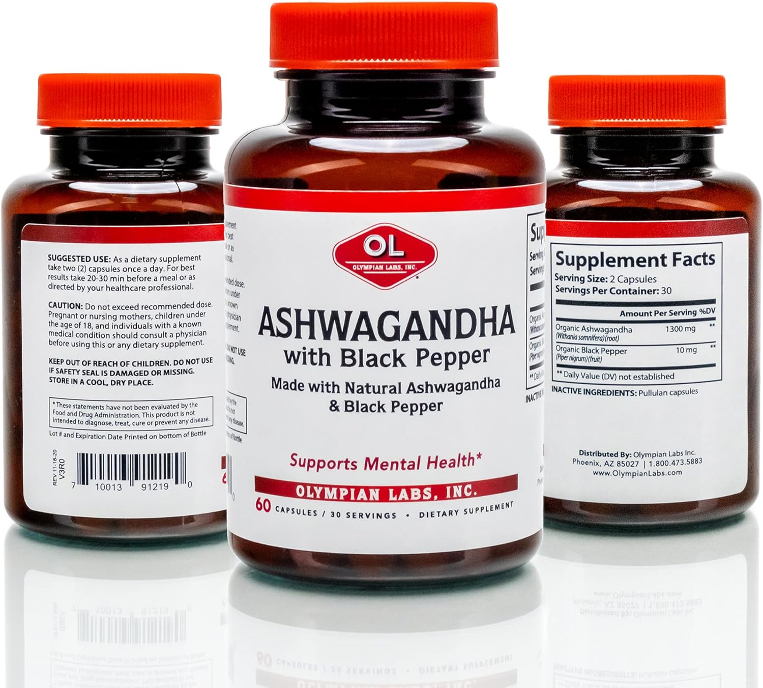Organic Ashwagandha with Black Pepper for Brain, Muscle, and Strength - 60 Vegan Capsules (1300mg) by Olympian Labs