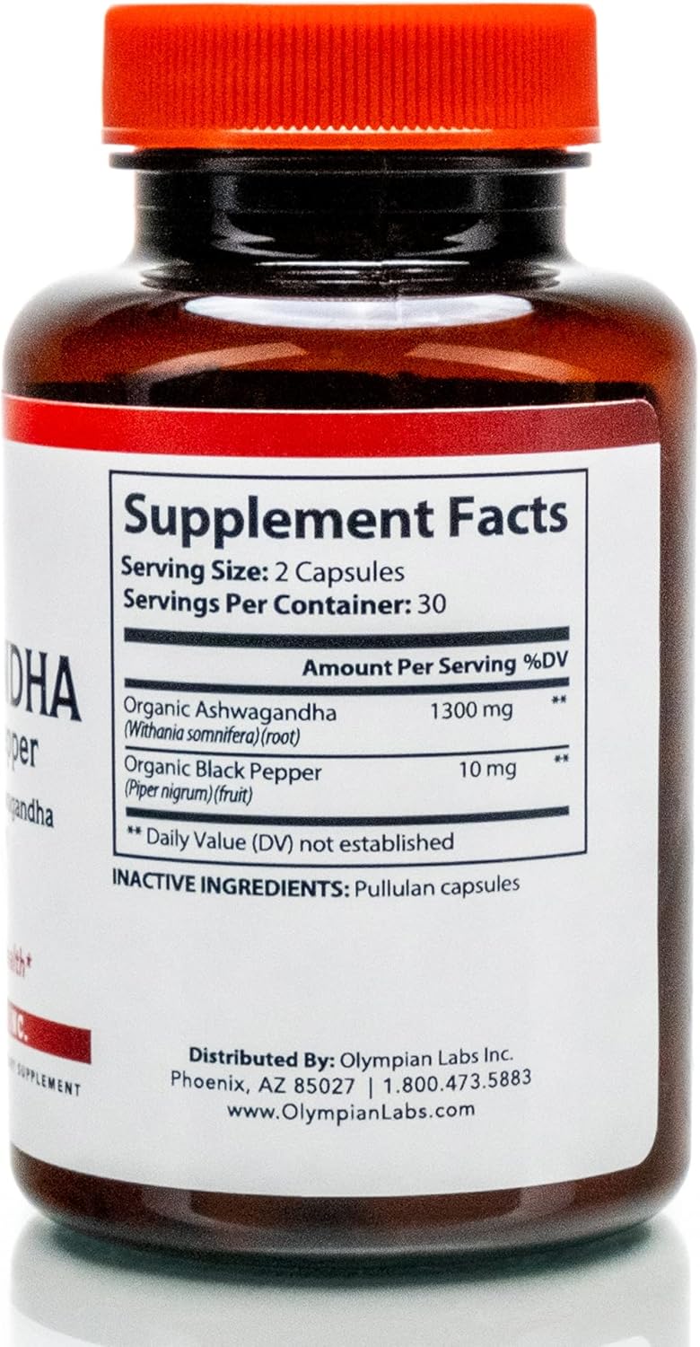 Organic Ashwagandha with Black Pepper for Brain, Muscle, and Strength - 60 Vegan Capsules (1300mg) by Olympian Labs