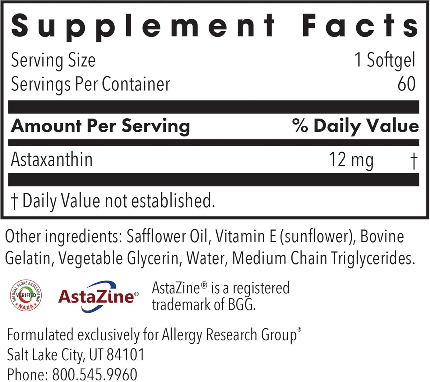 Organic Astaxanthin 12mg Supplement - Eye & Skin Health, Brain Function Support - 60 Softgels