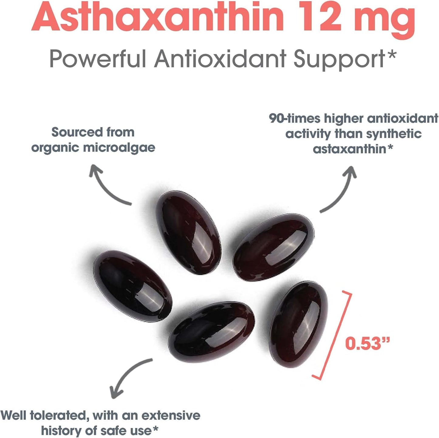 Organic Astaxanthin 12mg Supplement - Eye & Skin Health, Brain Function Support - 60 Softgels