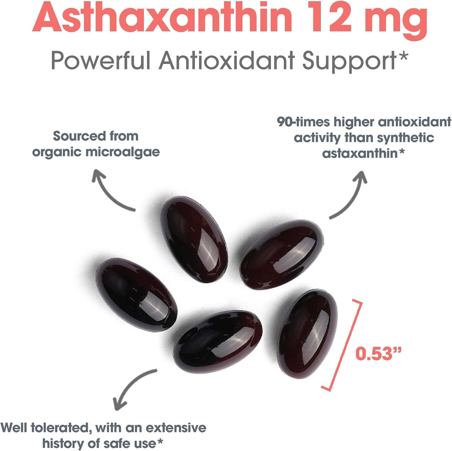 Organic Astaxanthin 12mg Supplement - Eye & Skin Health, Brain Function Support - 60 Softgels