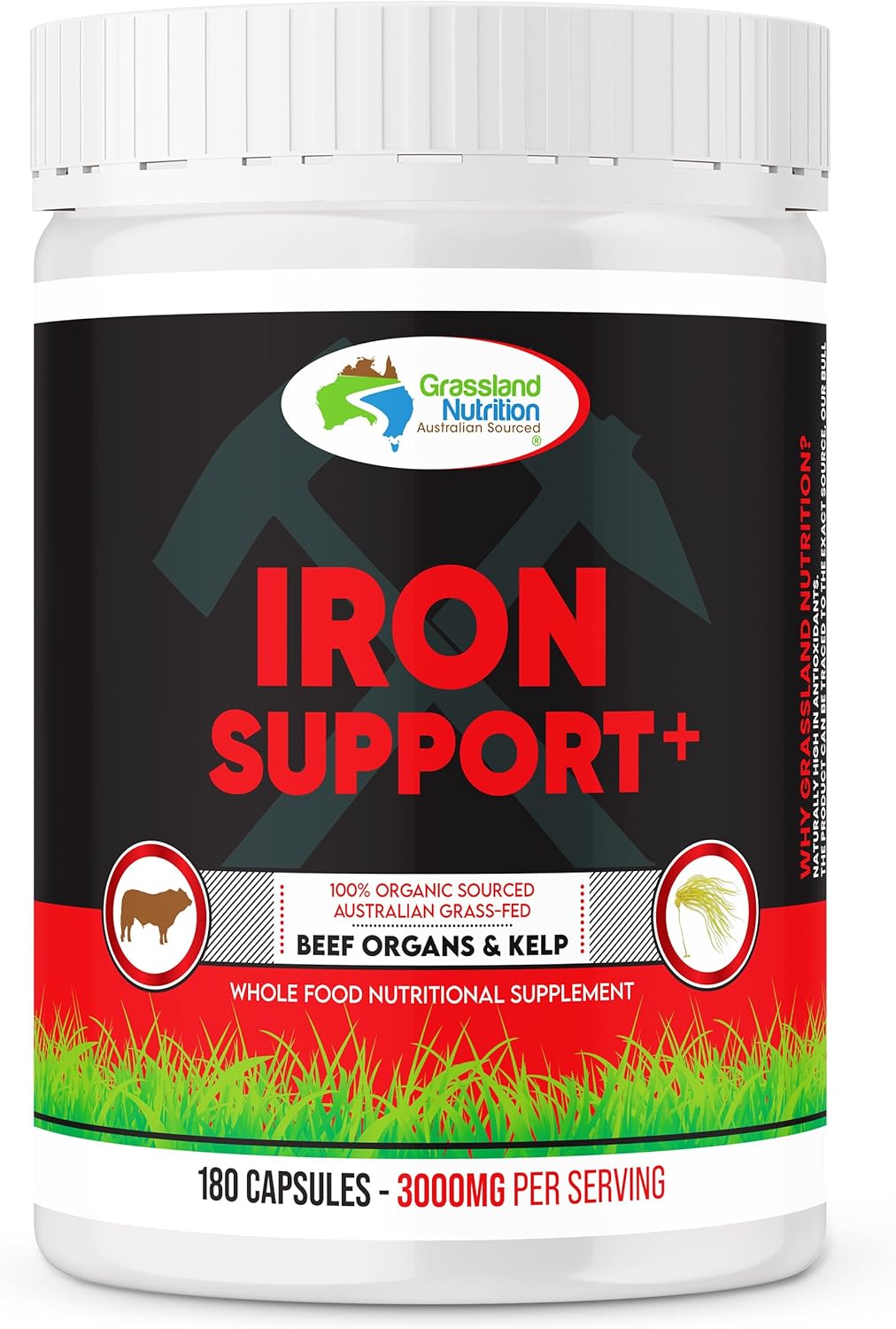 Organic Australian Grassland Nutrition: Iron Support Beef Organ Blend with Spleen - High in Iron, B12, Iodine (180 Capsules)