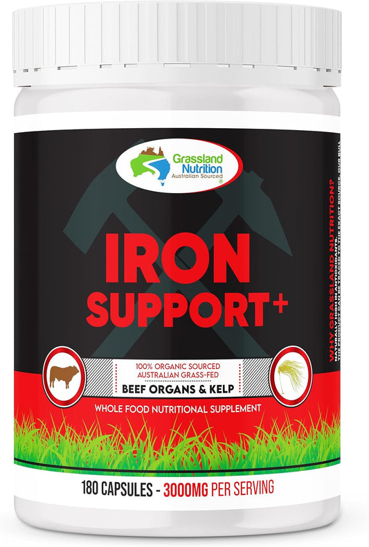 Organic Australian Grassland Nutrition: Iron Support Beef Organ Blend with Spleen - High in Iron, B12, Iodine (180 Capsules)