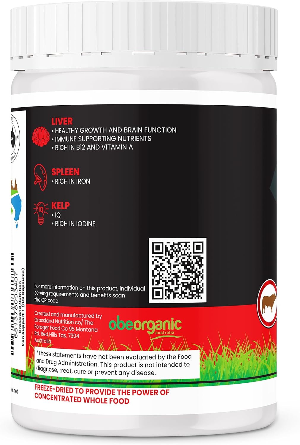 Organic Australian Grassland Nutrition: Iron Support Beef Organ Blend with Spleen - High in Iron, B12, Iodine (180 Capsules)