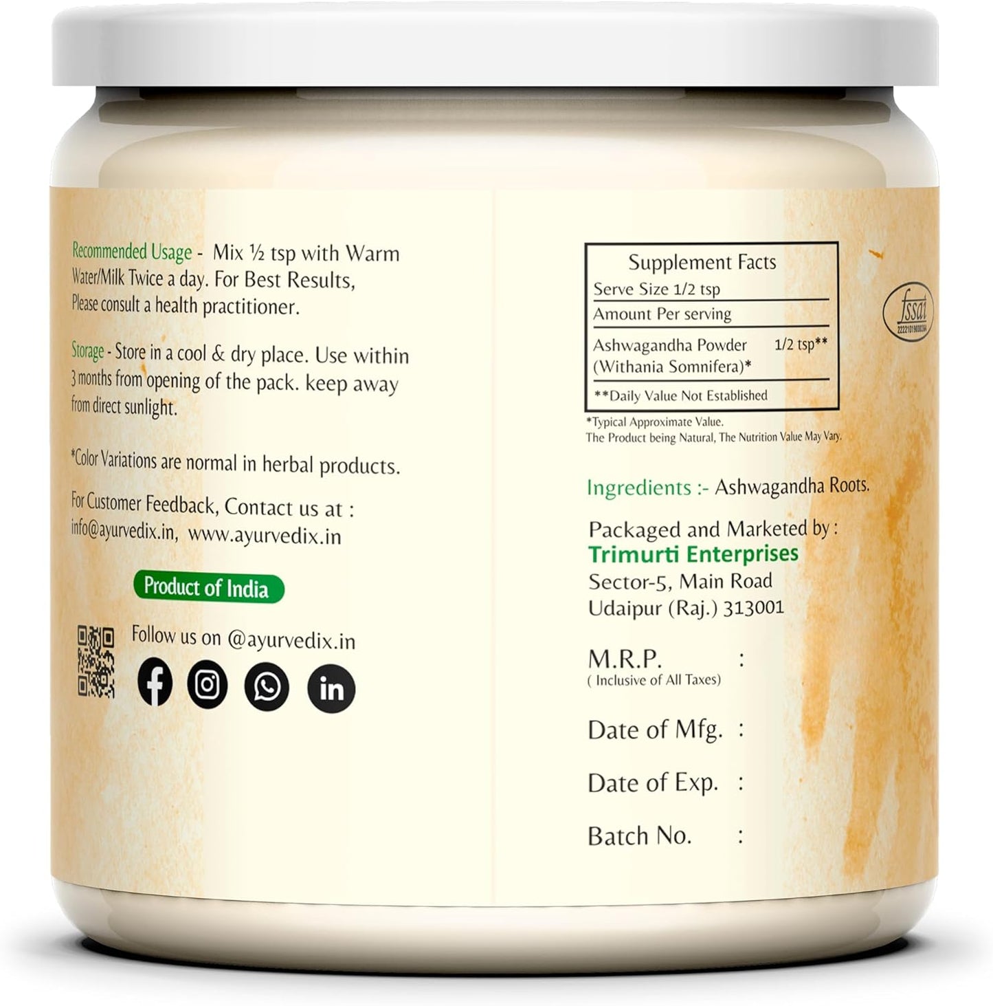 Organic Ayurvedic Ashwagandha Root Powder in Reusable Jar - 5.29oz from India | Withania Somnifera Supplement