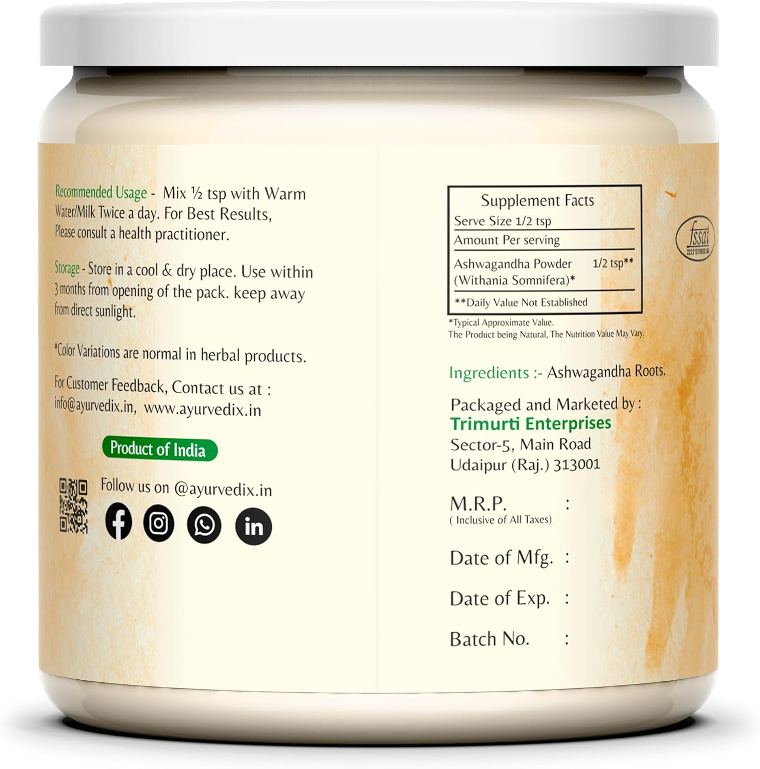 Organic Ayurvedic Ashwagandha Root Powder in Reusable Jar - 5.29oz from India | Withania Somnifera Supplement