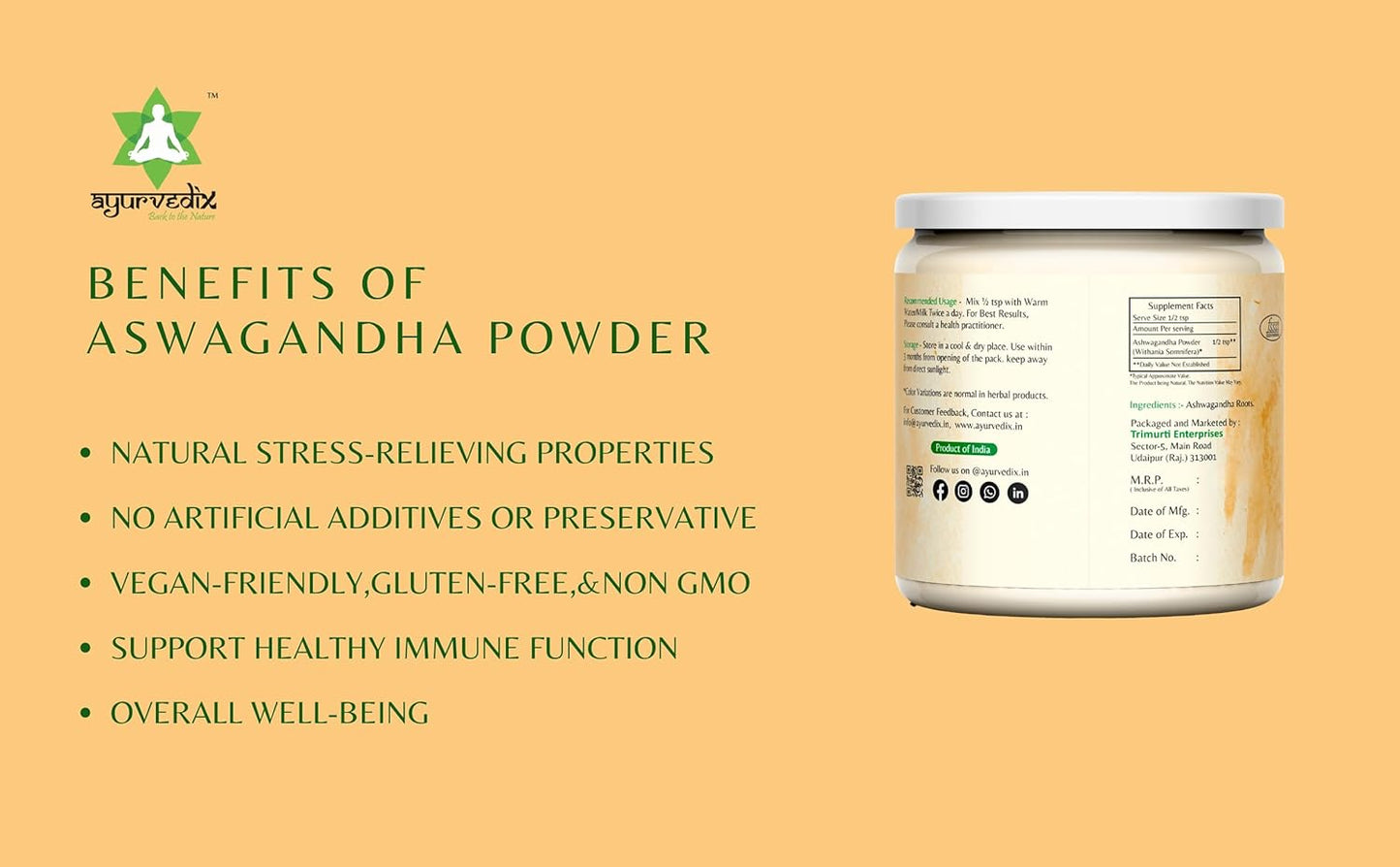 Organic Ayurvedic Ashwagandha Root Powder in Reusable Jar - 5.29oz from India | Withania Somnifera Supplement
