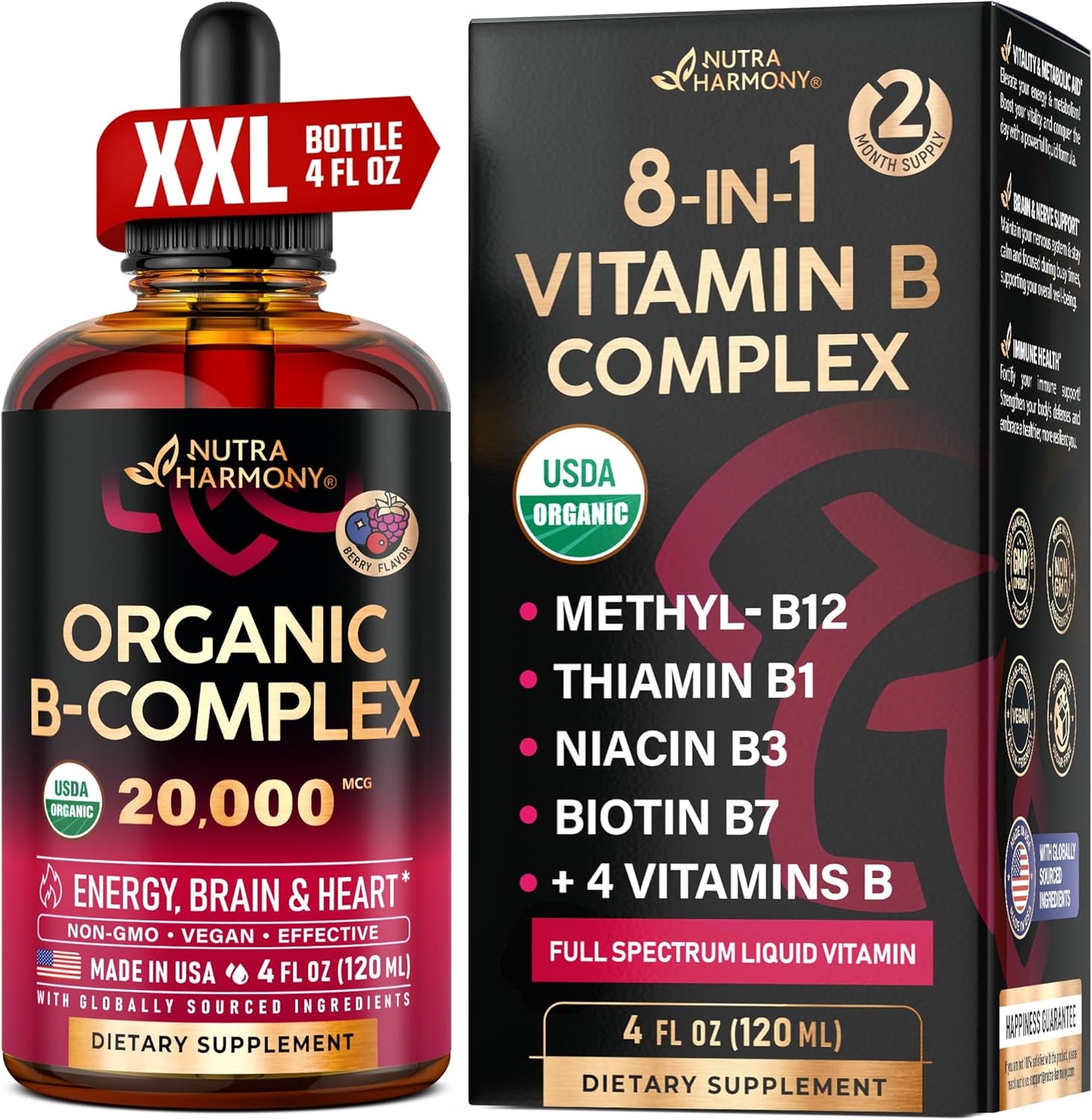 Organic B-Complex Liquid Drops with Pantothenic Acid, Methylcobalamin, Thiamine, Pyridoxine, Biotin, Folic, and Niacinamide - 4fl oz USA-Made Supplement