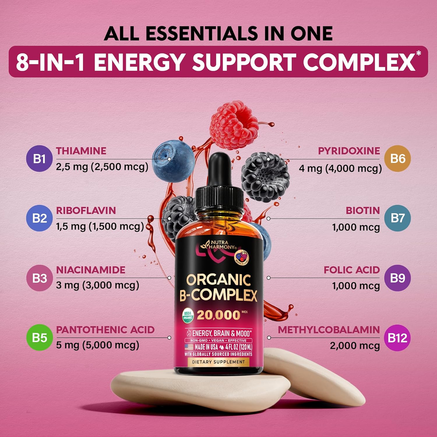 Organic B-Complex Liquid Drops with Pantothenic Acid, Methylcobalamin, Thiamine, Pyridoxine, Biotin, Folic, and Niacinamide - 4fl oz USA-Made Supplement