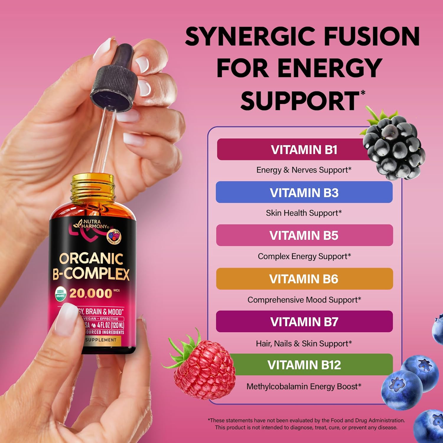 Organic B-Complex Liquid Drops with Pantothenic Acid, Methylcobalamin, Thiamine, Pyridoxine, Biotin, Folic, and Niacinamide - 4fl oz USA-Made Supplement