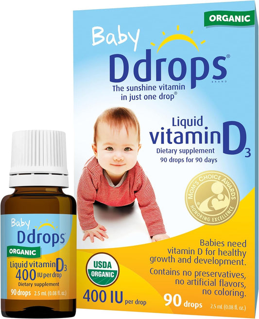 Organic Baby Vitamin D Liquid Drops - 400 IU, 90 Drops, Teeth & Bone Health Support, Preservative-Free, Sugar-Free, Non-GMO, Allergy-Friendly - Pack of 2