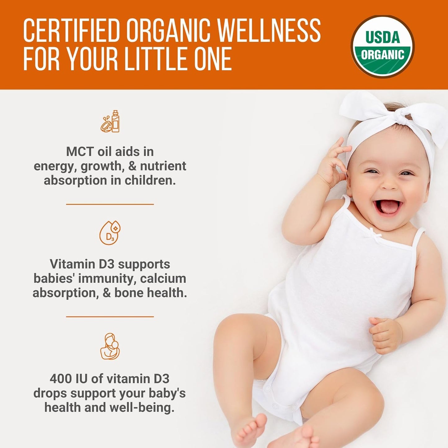 Organic Baby Vitamin D3 Drops - 400 IU for Infants, Newborns, and Toddlers - Non-GMO, Gluten-Free Liquid Supplement - Pediatrician Approved - 2.8 ml, 120 Servings