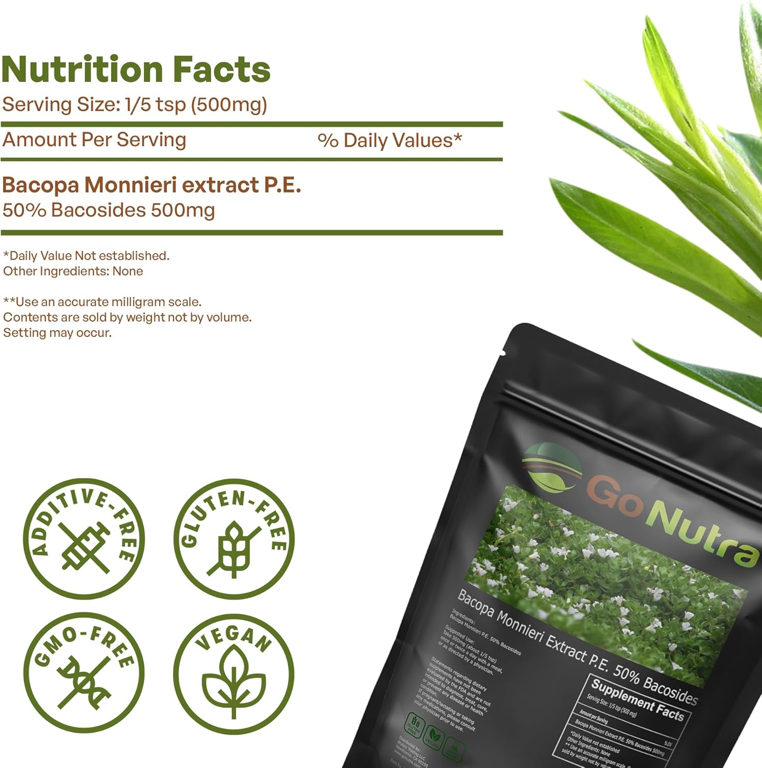 Organic Bacopa Monnieri Extract Powder - 50% Bacosides - Herbal Brahmi Supplement (4 oz.) by Go Nutra