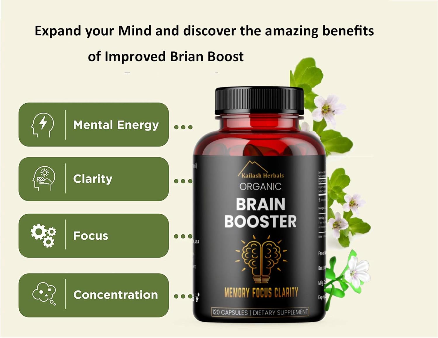 Organic Bacopa Monnieri Nootropic Brain Supplement for Mental Focus and Memory - 120 Capsules, 500mg - Kailash Herbals