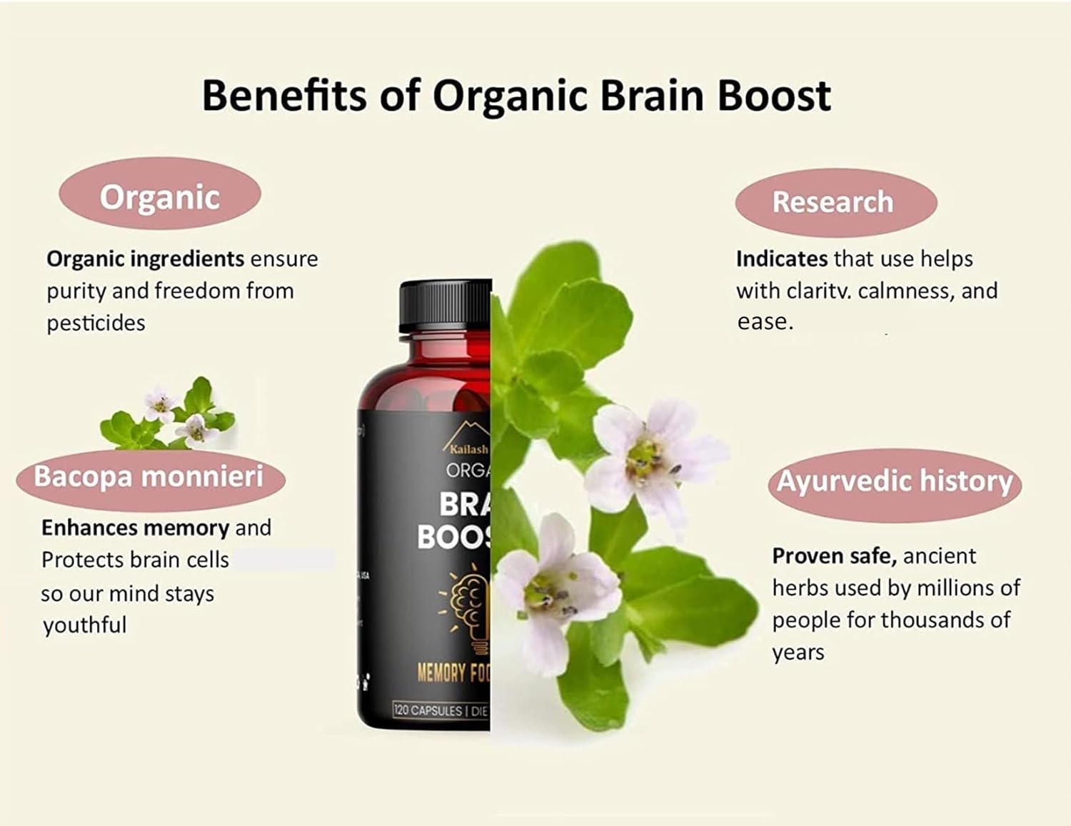 Organic Bacopa Monnieri Nootropic Brain Supplement for Mental Focus and Memory - 120 Capsules, 500mg - Kailash Herbals