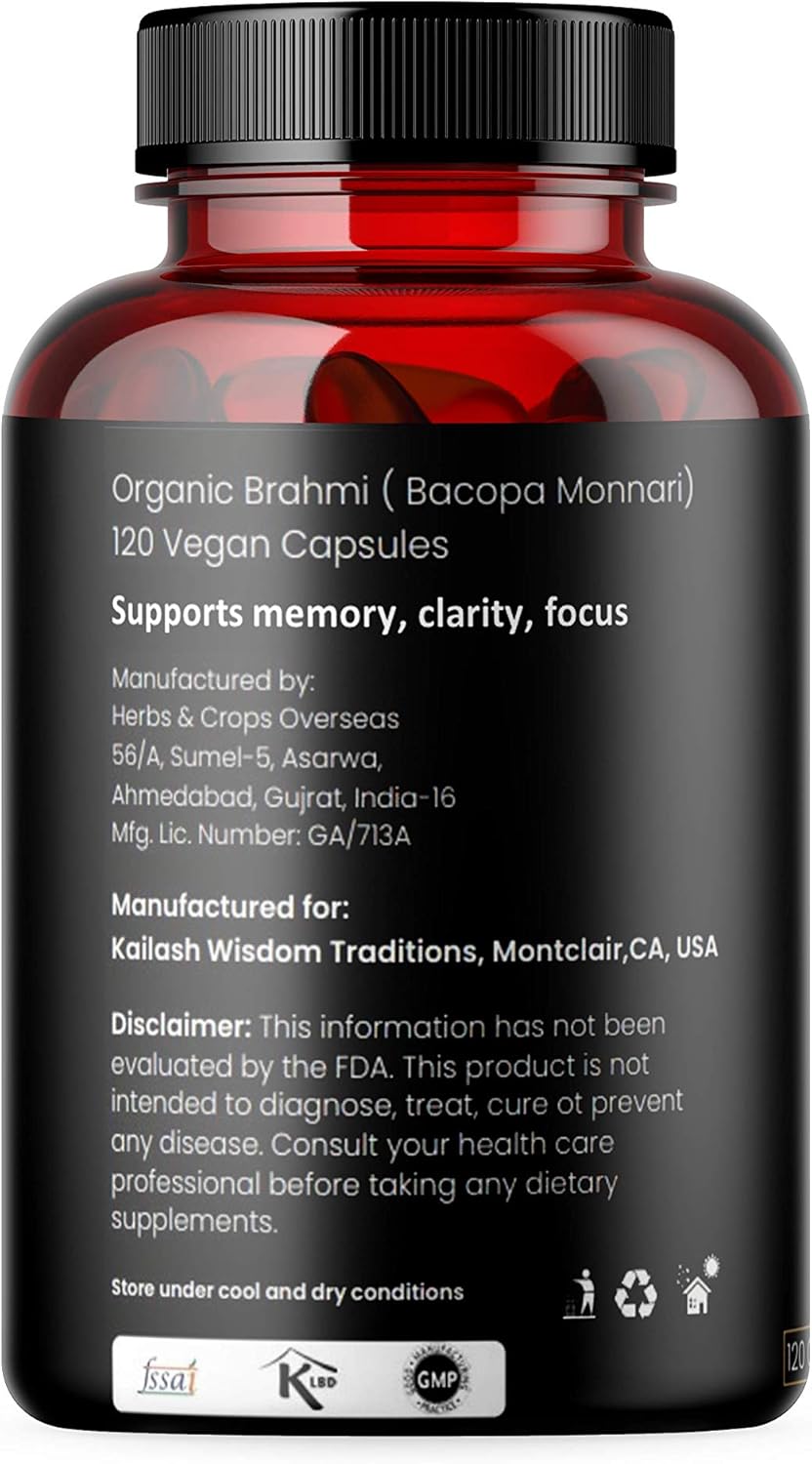 Organic Bacopa Monnieri Nootropic Brain Supplement for Mental Focus and Memory - 120 Capsules, 500mg - Kailash Herbals