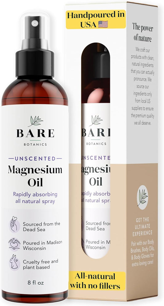 Organic Bare Botanics 8 oz Magnesium Oil Spray from Dead Sea - Fast Absorption - Handcrafted in Madison, WI - Promotes Sleep & Relieves Muscle Pain