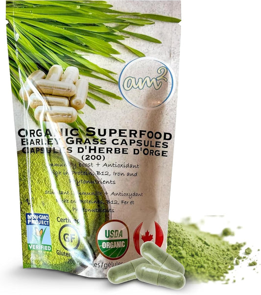 Organic Barley Grass Capsules - Pure Juice Powder, Green Superfood Supplement - High in Fiber & Antioxidants - Boost Immunity & Digestive Health - 200 Capsules