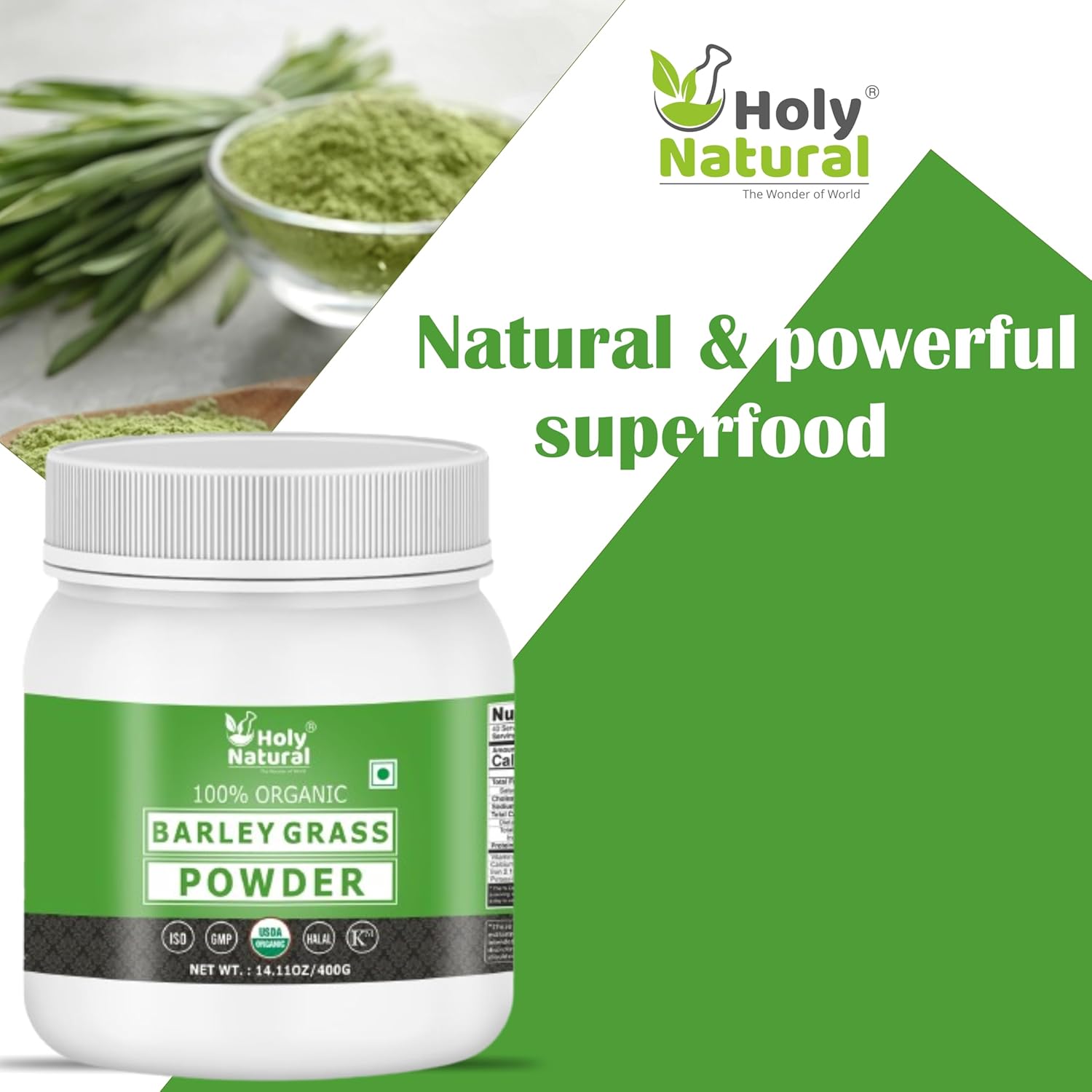 Organic Barley Grass Powder - Pure & Natural Nutrition Superfood - 14.11 oz/400 gm - Raw & Non GMO - Ideal for Smoothies & Juices