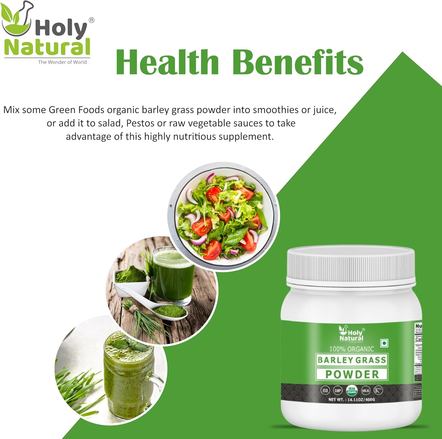 Organic Barley Grass Powder - Pure & Natural Nutrition Superfood - 14.11 oz/400 gm - Raw & Non GMO - Ideal for Smoothies & Juices