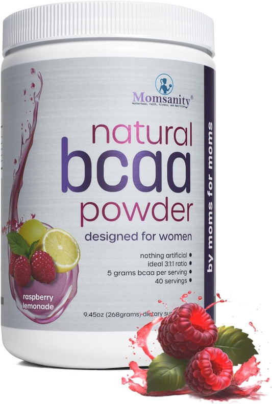 Organic BCAA Pre Workout Powder for Moms | Sweetened with Natural Ingredients | Boost Energy Pre & Post Workout | 40 Servings (Raspberry Lemonade)