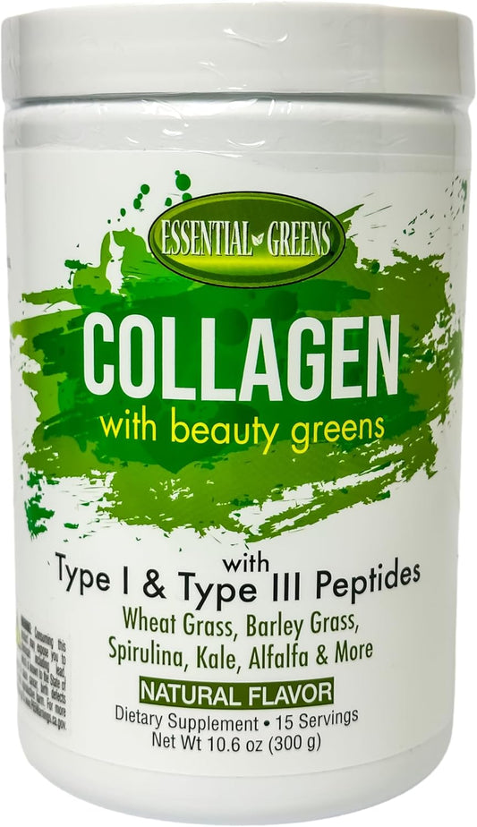 Organic Beauty Greens Collagen with Type I & Type III Peptides - Natural Flavors - Dietary Supplement - 10.6 oz Bottle