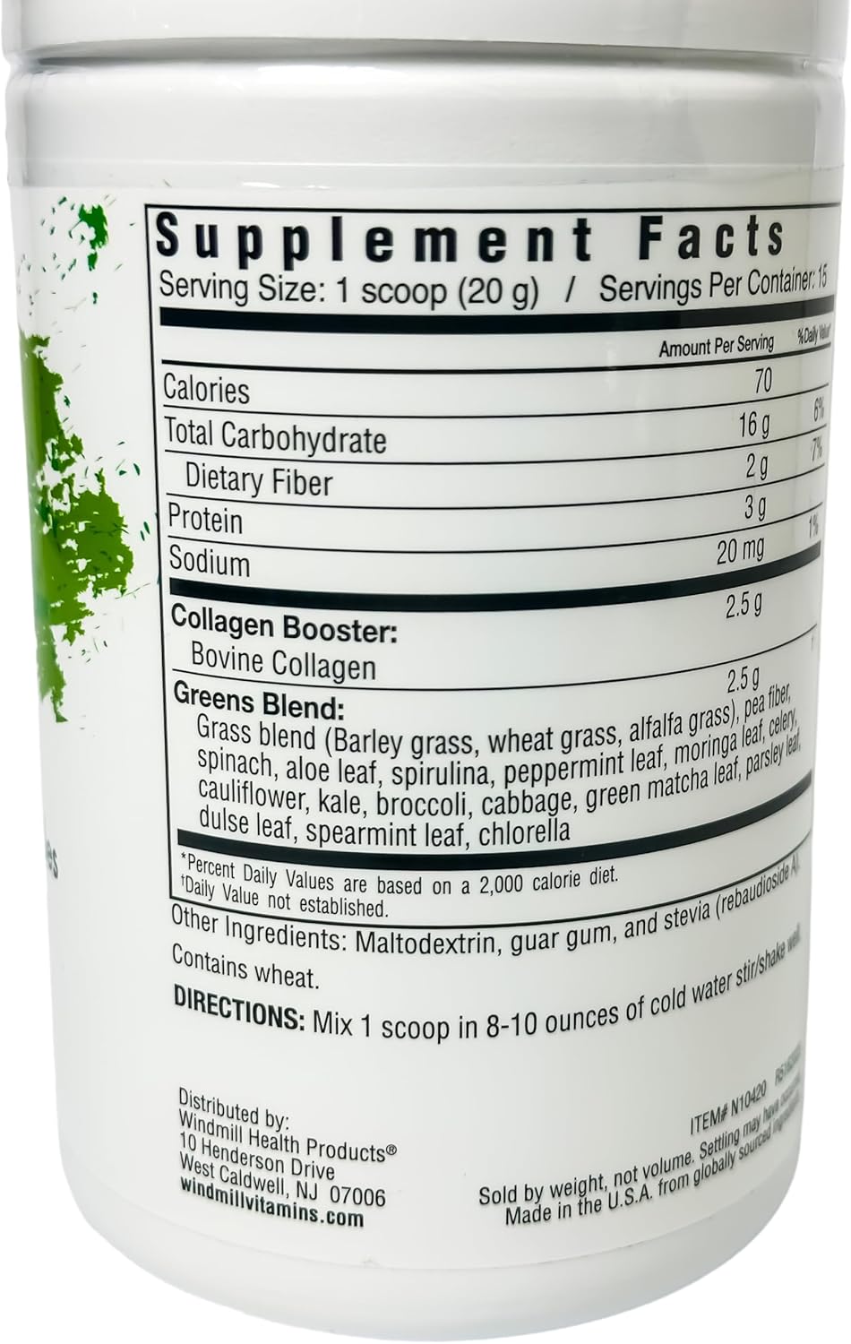 Organic Beauty Greens Collagen with Type I & Type III Peptides - Natural Flavors - Dietary Supplement - 10.6 oz Bottle