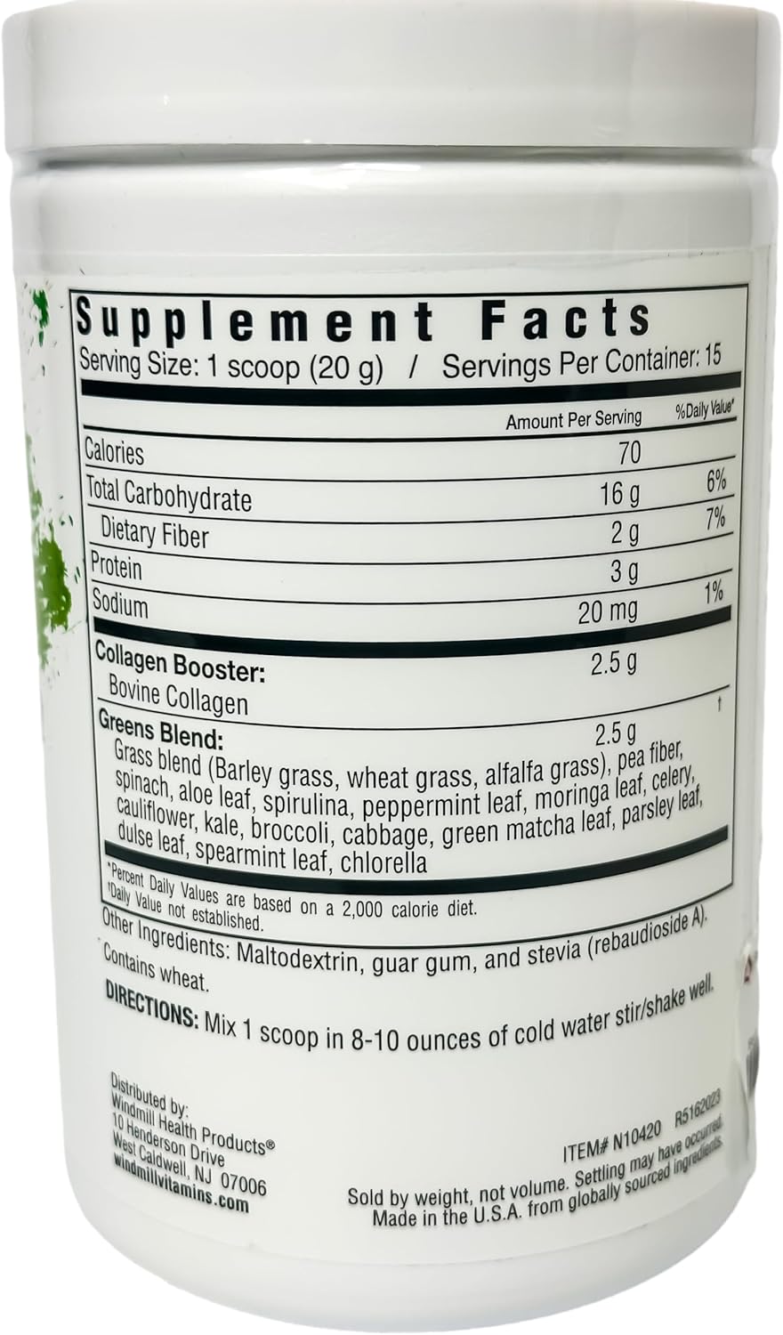 Organic Beauty Greens Collagen with Type I & Type III Peptides - Natural Flavors - Dietary Supplement - 10.6 oz Bottle