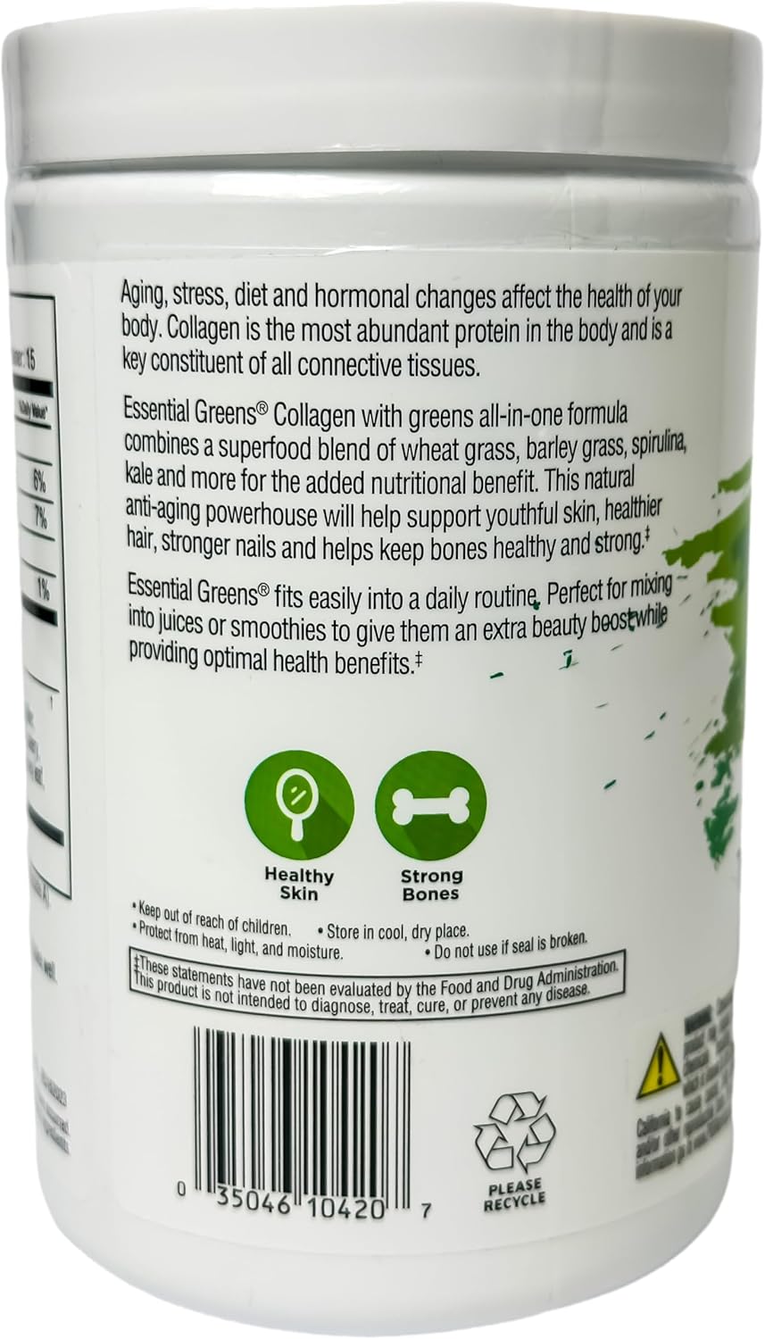Organic Beauty Greens Collagen with Type I & Type III Peptides - Natural Flavors - Dietary Supplement - 10.6 oz Bottle