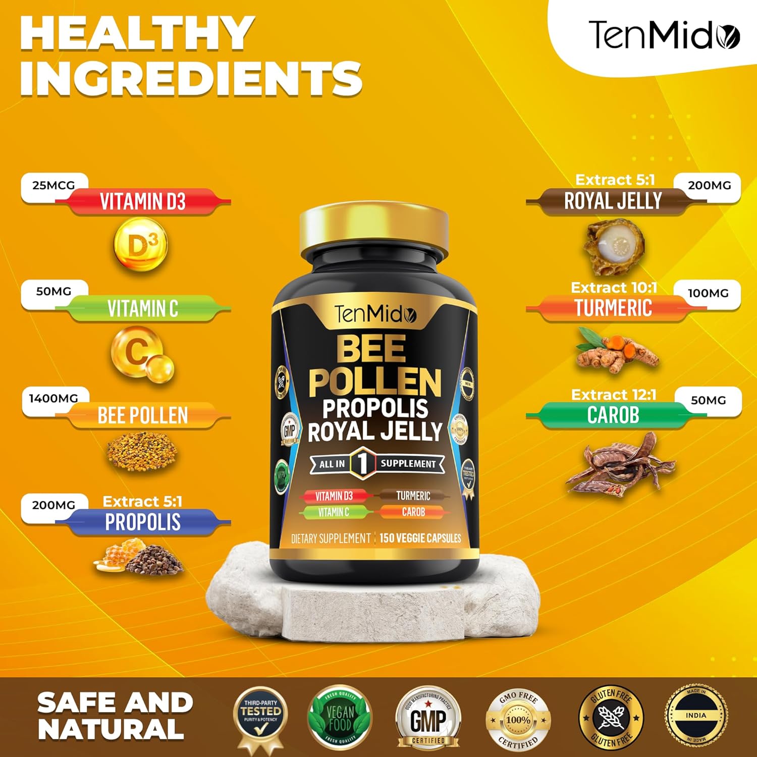 Organic Bee Pollen Supplement with Propolis, Royal Jelly, Turmeric, Carob - Energy, Immune, Digestive Support - 150 Capsules