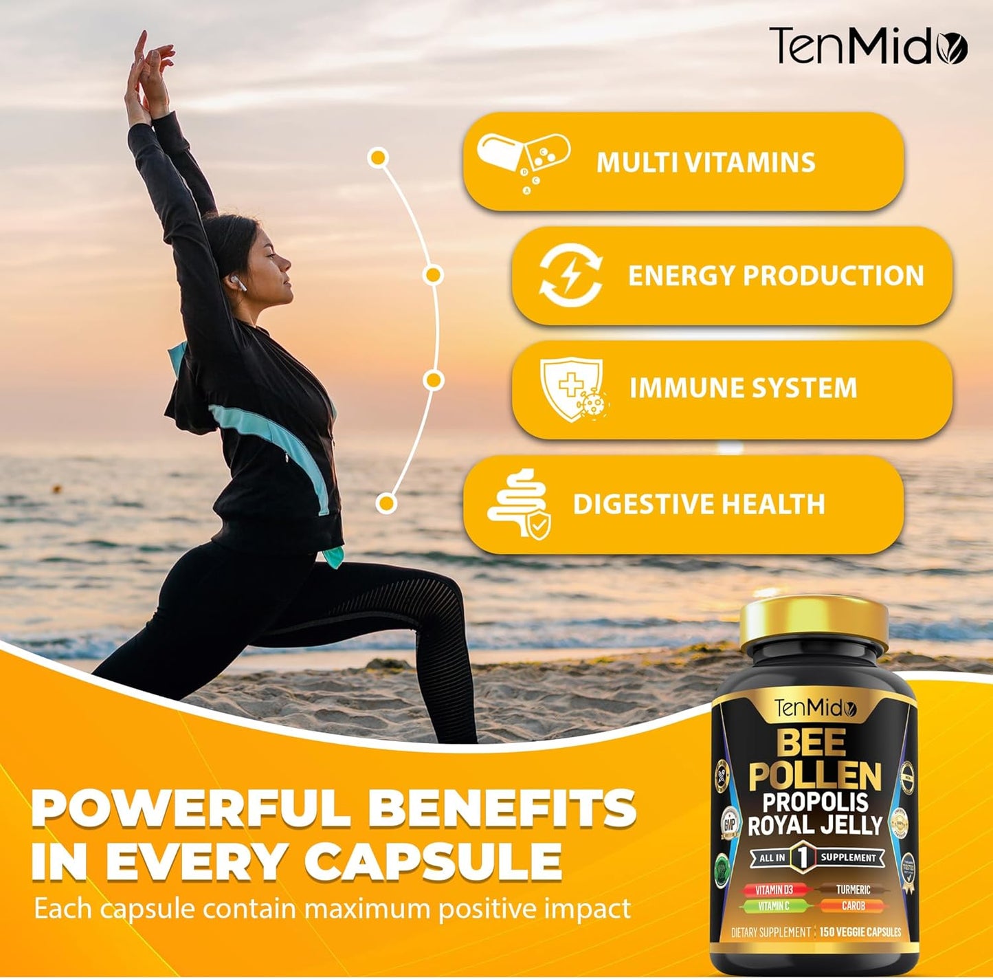 Organic Bee Pollen Supplement with Propolis, Royal Jelly, Turmeric, Carob - Energy, Immune, Digestive Support - 150 Capsules