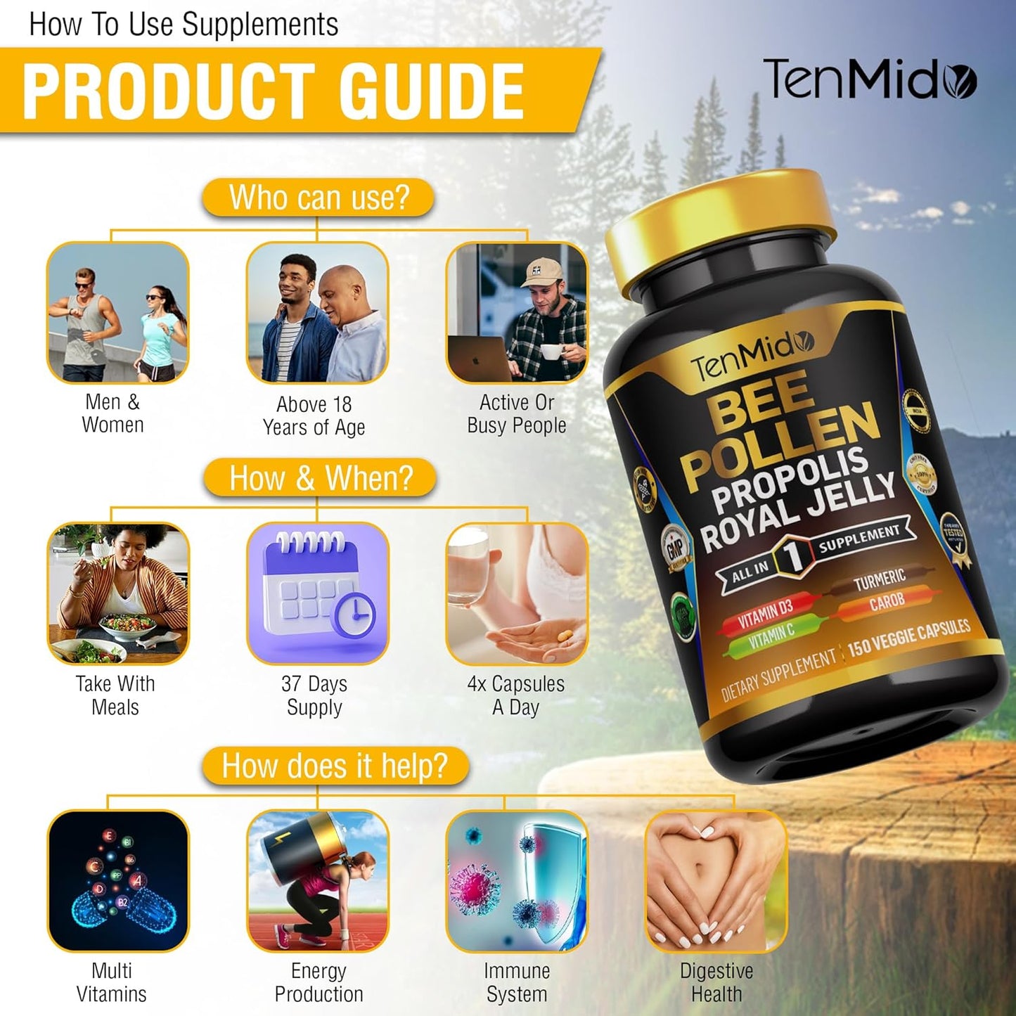 Organic Bee Pollen Supplement with Propolis, Royal Jelly, Turmeric, Carob - Energy, Immune, Digestive Support - 150 Capsules