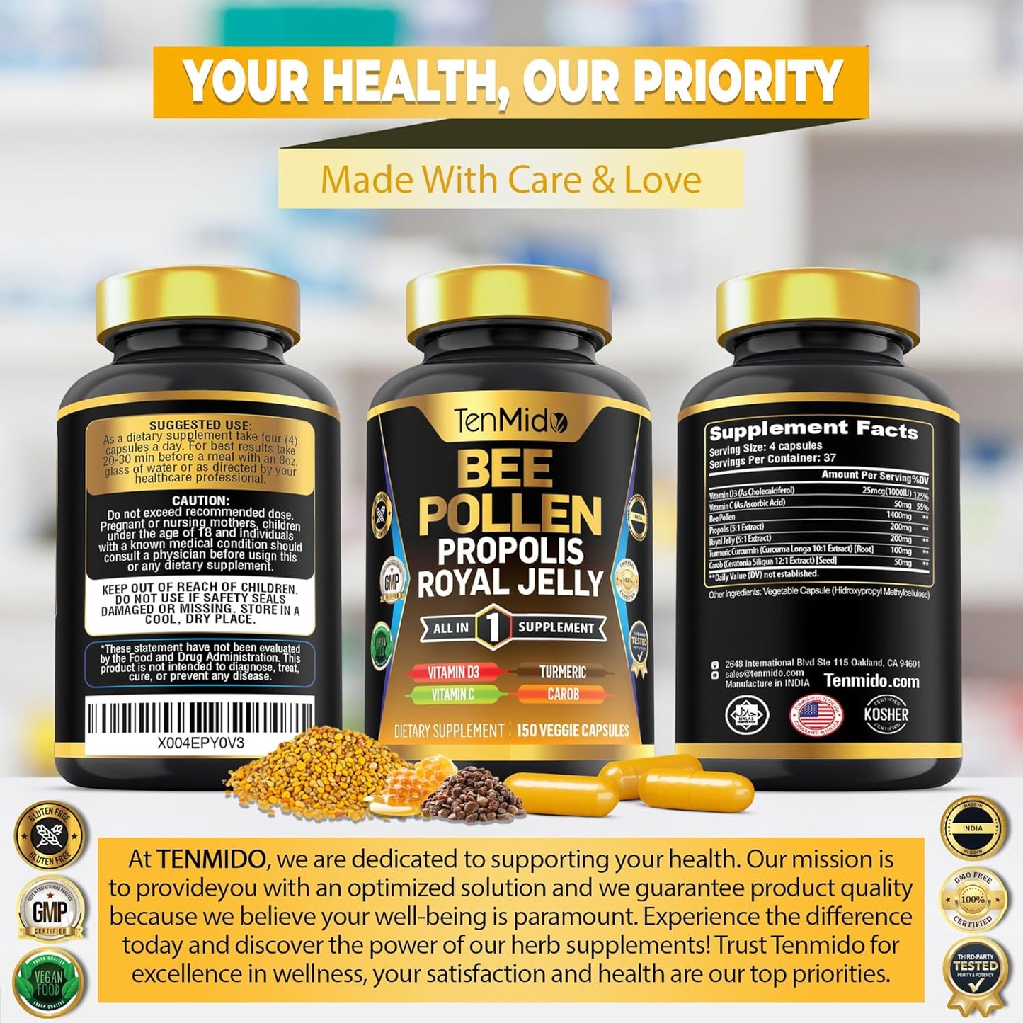 Organic Bee Pollen Supplement with Propolis, Royal Jelly, Turmeric, Carob - Energy, Immune, Digestive Support - 150 Capsules