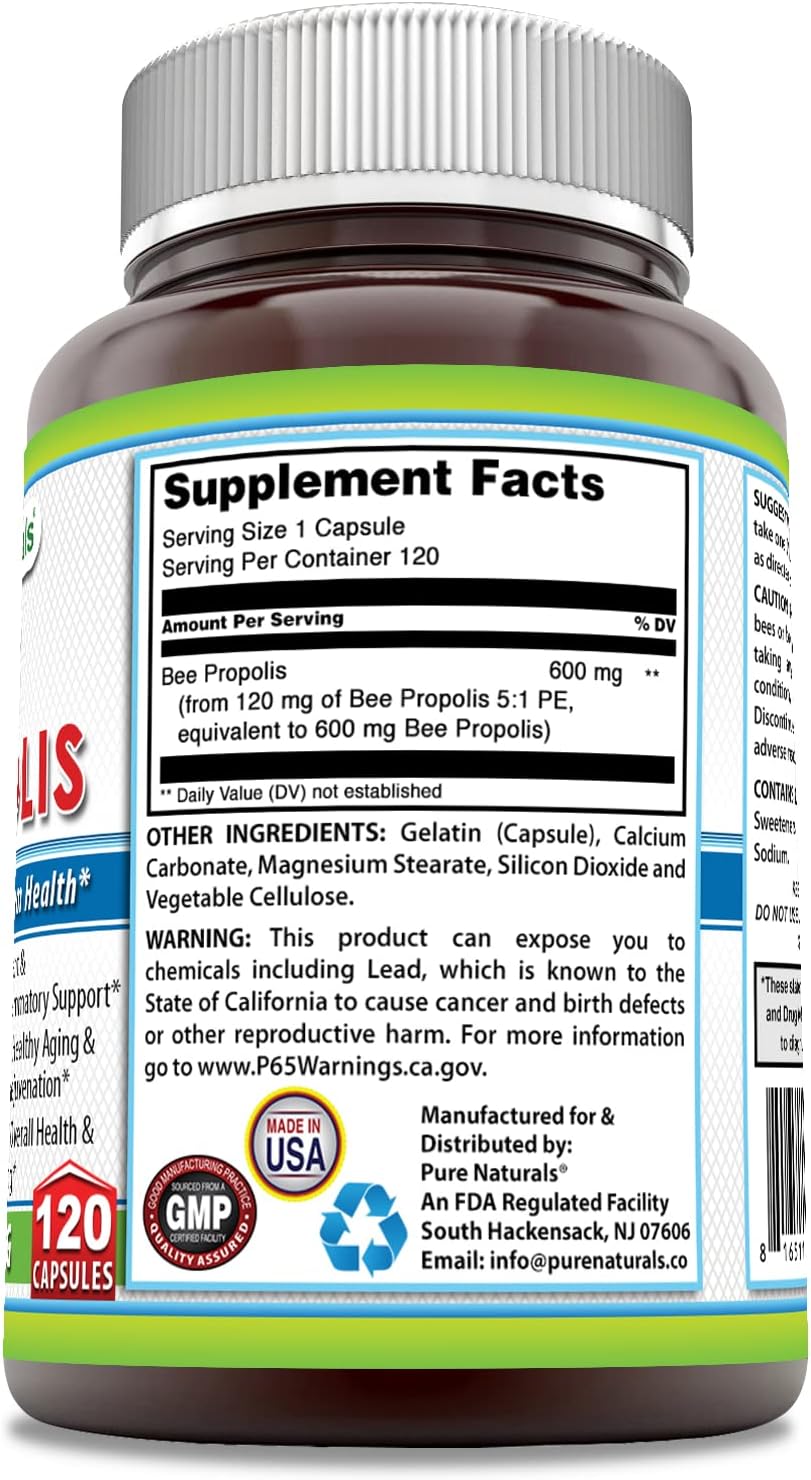 Organic Bee Propolis 5:1 PE Capsules - 600 Mg | 120 Count | Non-GMO, Gluten Free - USA Made