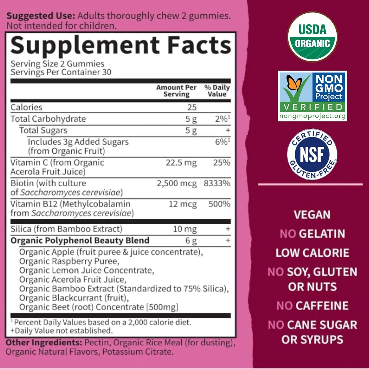 Organic Beet Root Beauty Gummies with Antioxidants, Vitamin C, Biotin & B12 - Vegan, Gluten Free, Non GMO - Raspberry Flavor, 30 Servings