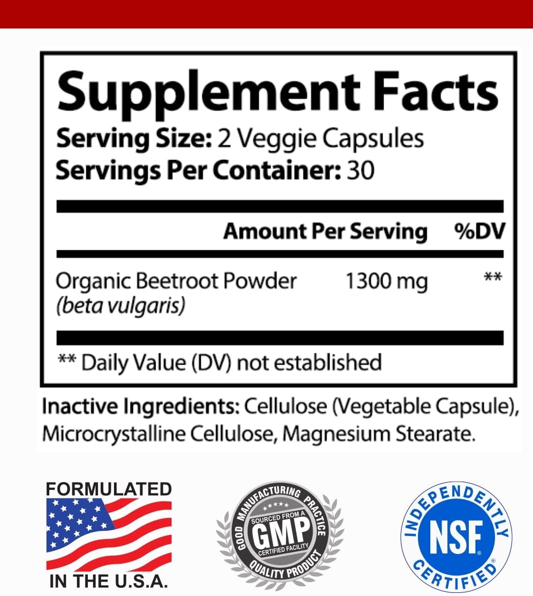 Organic Beet Root Capsules 1300mg - Natural Nitric Oxide Supplement for Blood Pressure, Heart Health, Athletic Performance - 60 Capsules