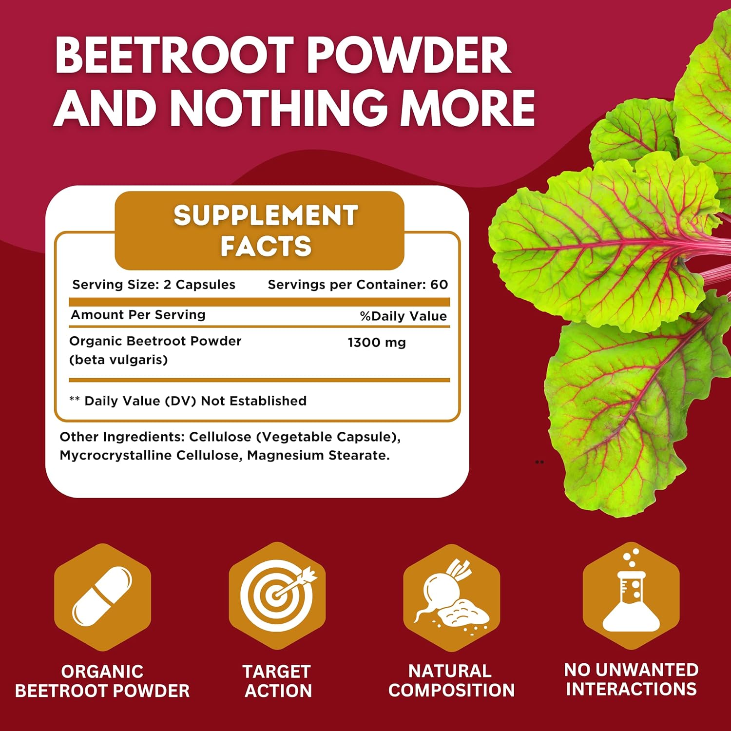 Organic Beet Root Capsules 1300mg - Nitric Oxide Booster for Healthy Blood Pressure and Heart Health - 120 Count