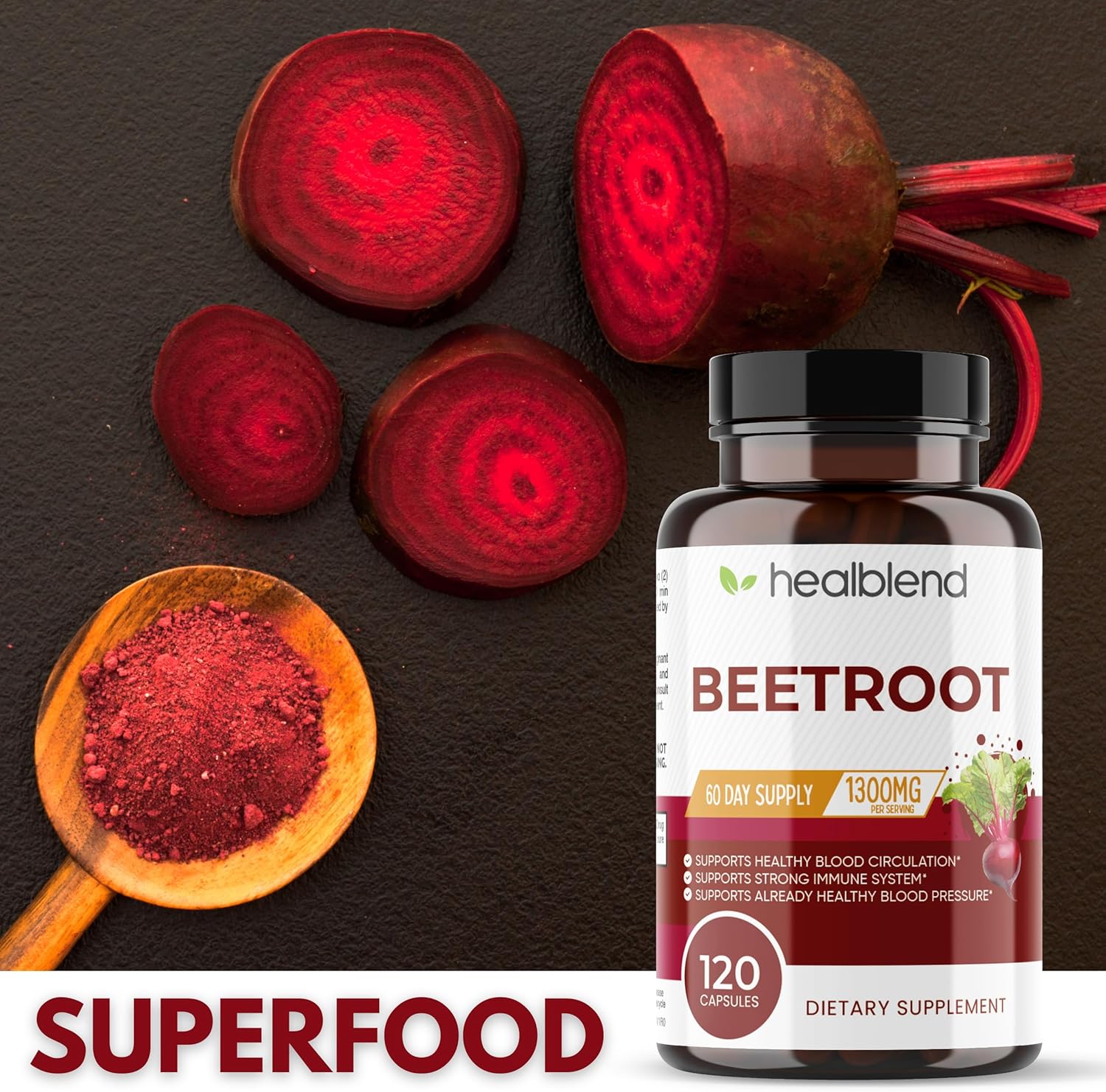Organic Beet Root Capsules 1300mg - Nitric Oxide Booster for Healthy Blood Pressure and Heart Health - 120 Count