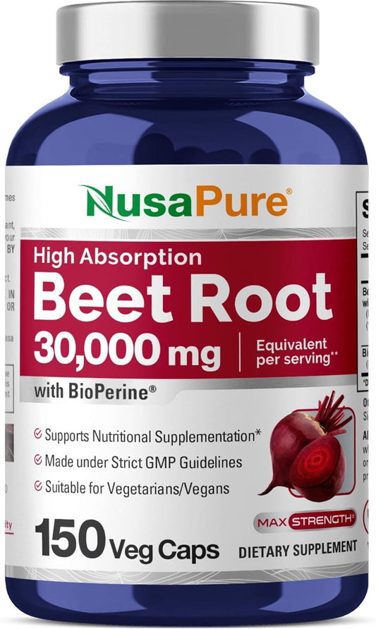Organic Beet Root Capsules 30,000mg with Bioperine - 150 Veggie Caps (Non-GMO, Vegan, High Nitrate Content)