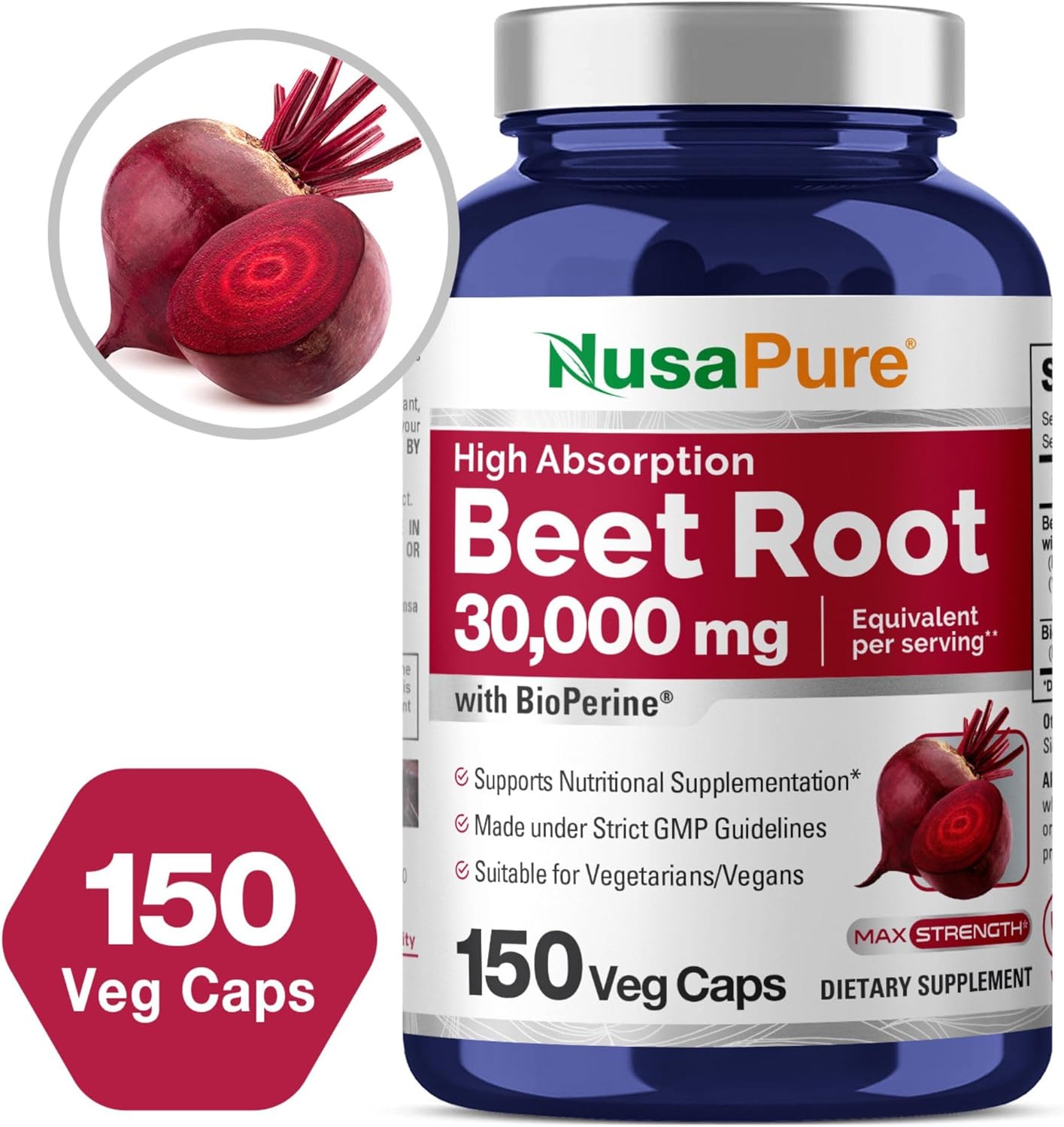 Organic Beet Root Capsules 30,000mg with Bioperine - 150 Veggie Caps (Non-GMO, Vegan, High Nitrate Content)