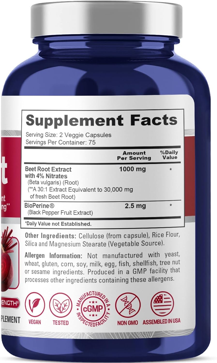 Organic Beet Root Capsules 30,000mg with Bioperine - 150 Veggie Caps (Non-GMO, Vegan, High Nitrate Content)