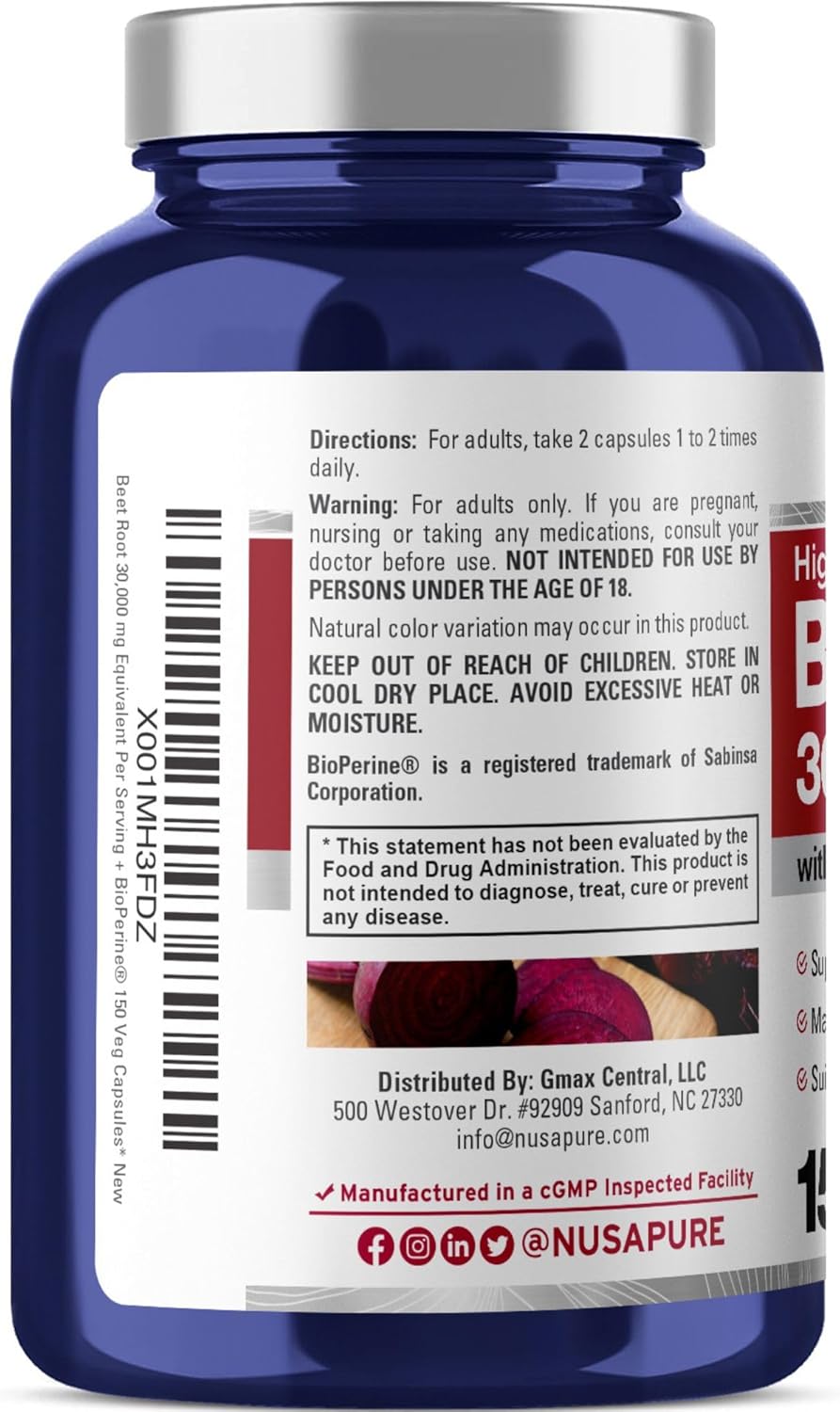 Organic Beet Root Capsules 30,000mg with Bioperine - 150 Veggie Caps (Non-GMO, Vegan, High Nitrate Content)